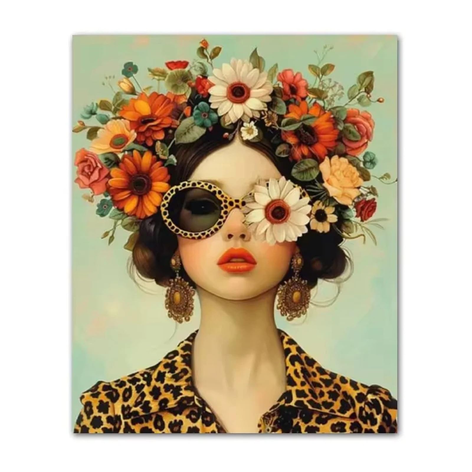 Xenite C Wall Art Anvas Prints Beautiful Woman With Glasses Flower Posters And Prints On The Anvas Prints Modern Art Woman Wall Paintings Room Decor(,50X70cm)