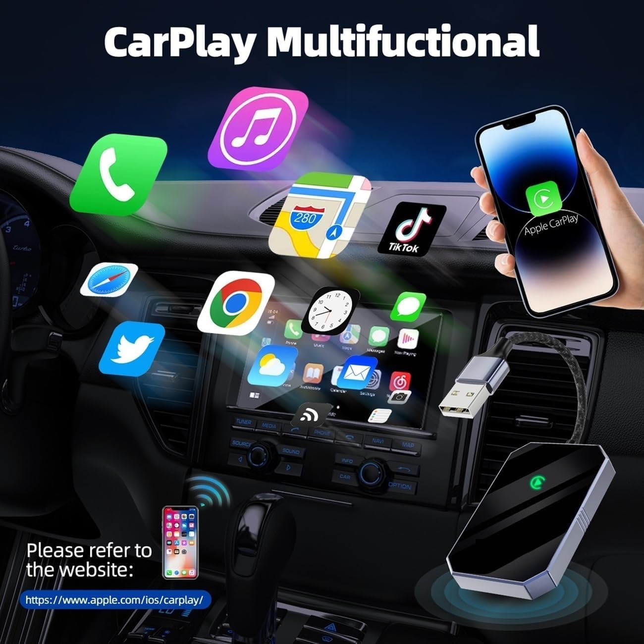 Wireless CarPlay Adapter, Audio-Video receivers to Car from Phones, Fits for Cars from 2017 & iOS 10+, Easy Use & Stable Connection