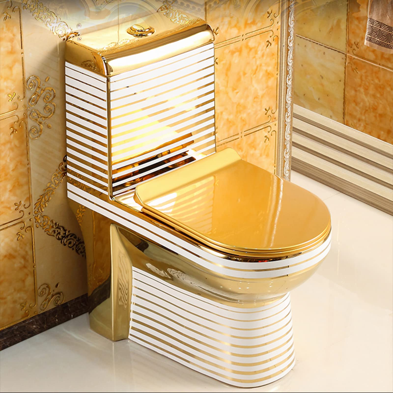 Inodoro dorado de una sola pieza con bombeo de agua silencioso para uso doméstico, lujoso y ligero, estilo europeo, de lujo, sifón de cerámica, apto para 305 mm (dorado 350 mm)