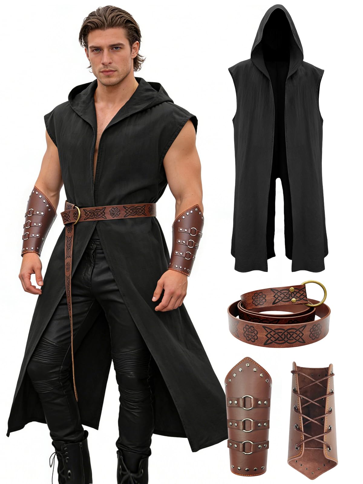 Verceco Men’s Renaissance Costume Set – Medieval/Renaissance Costume for Men with Hooded Surcoat Leather Belt & Bracers, Black, X-Large — image 1