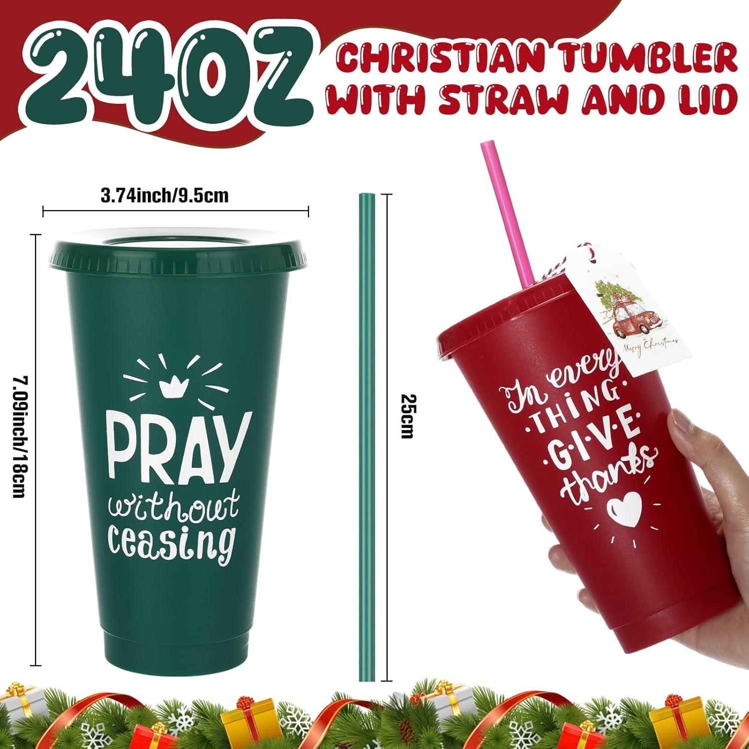24set Christmas Christian Gifts Bulk for Coworker Employee 24oz Bible Verse Plastic Cups with Lid Straw Card Reusable Red Green Religious Gift for Teacher Staff Church Member(Cute) - Image 3