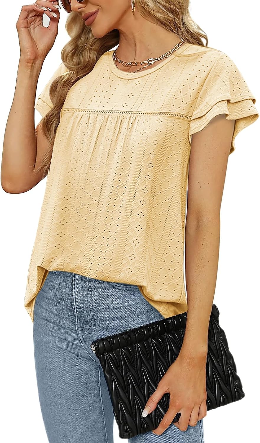 Zwurew Womens Summer Tops Crewneck Eyelet Ruffle Sleeve Blouses Casual Babydoll Shirts 2026 S-2XL - Image 2