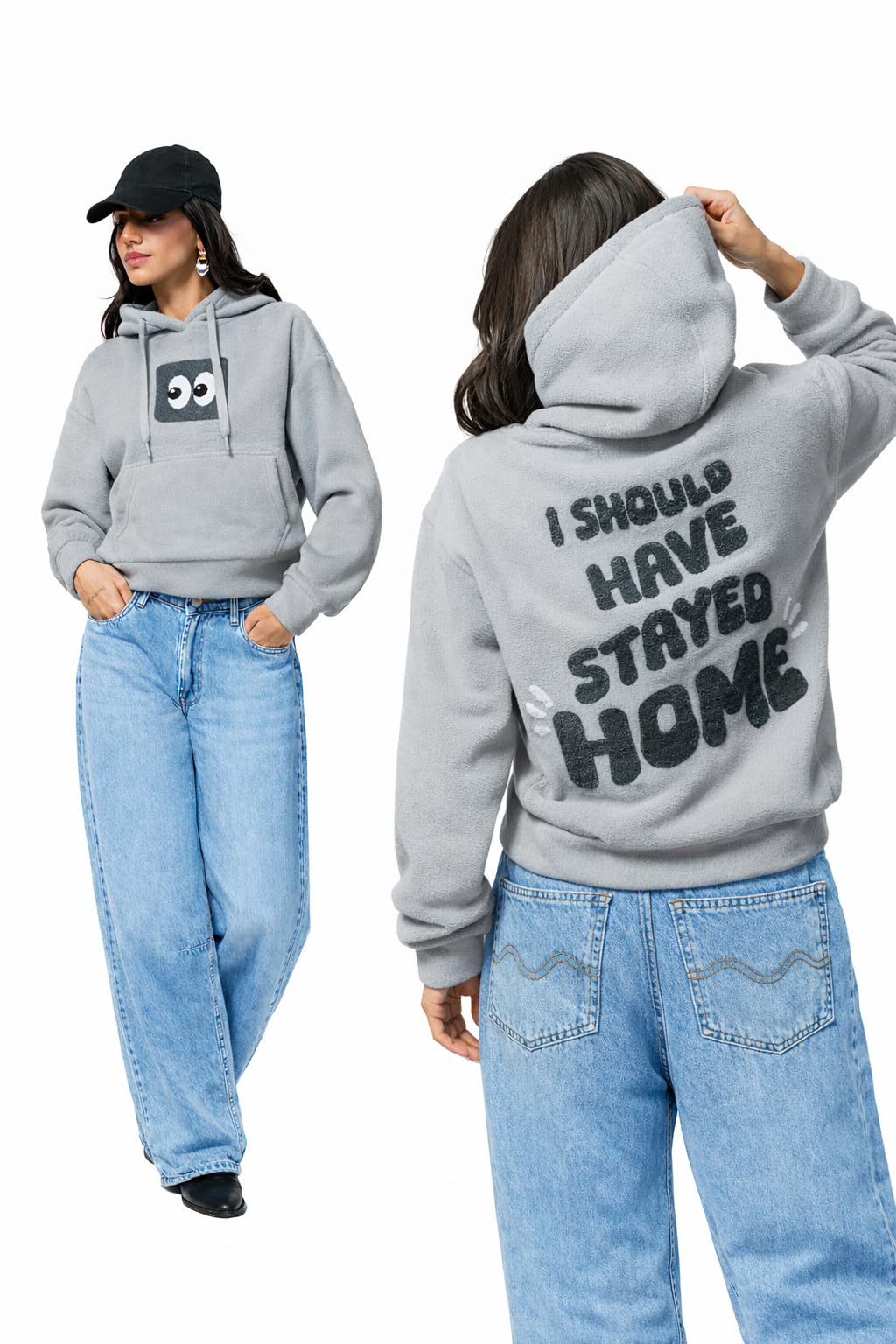 The Souled Store Just Stay Home Women and Girls Full Sleeves Hooded Neck Grey Embroidered Polyester Polar Fleece Drop Shoulder Streetwear Trendy Pullover Oversized Hoodie-picture-28