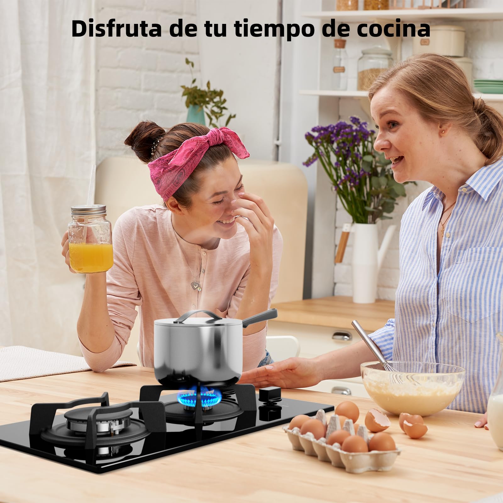 WEHIMO - Placa de cocina de gas de 2 fuegos, 2 fuegos empotrable, rejilla hierro fundido, 3700 W, gas ciudad y botella, cristal negro
