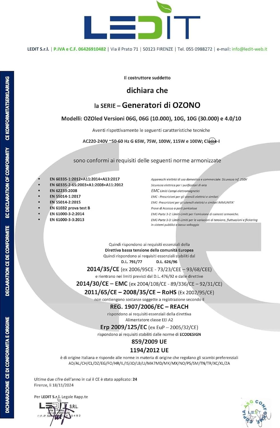 NUOVO Generatore Ozono 10000mgh Ledit - Certificato CE + Certificato CNR - Ozonizzatore progettato in Italia con Timer 120 MIN Uso Professionale e Commerciale, Manuale Istruzioni in Italiano Incluso
