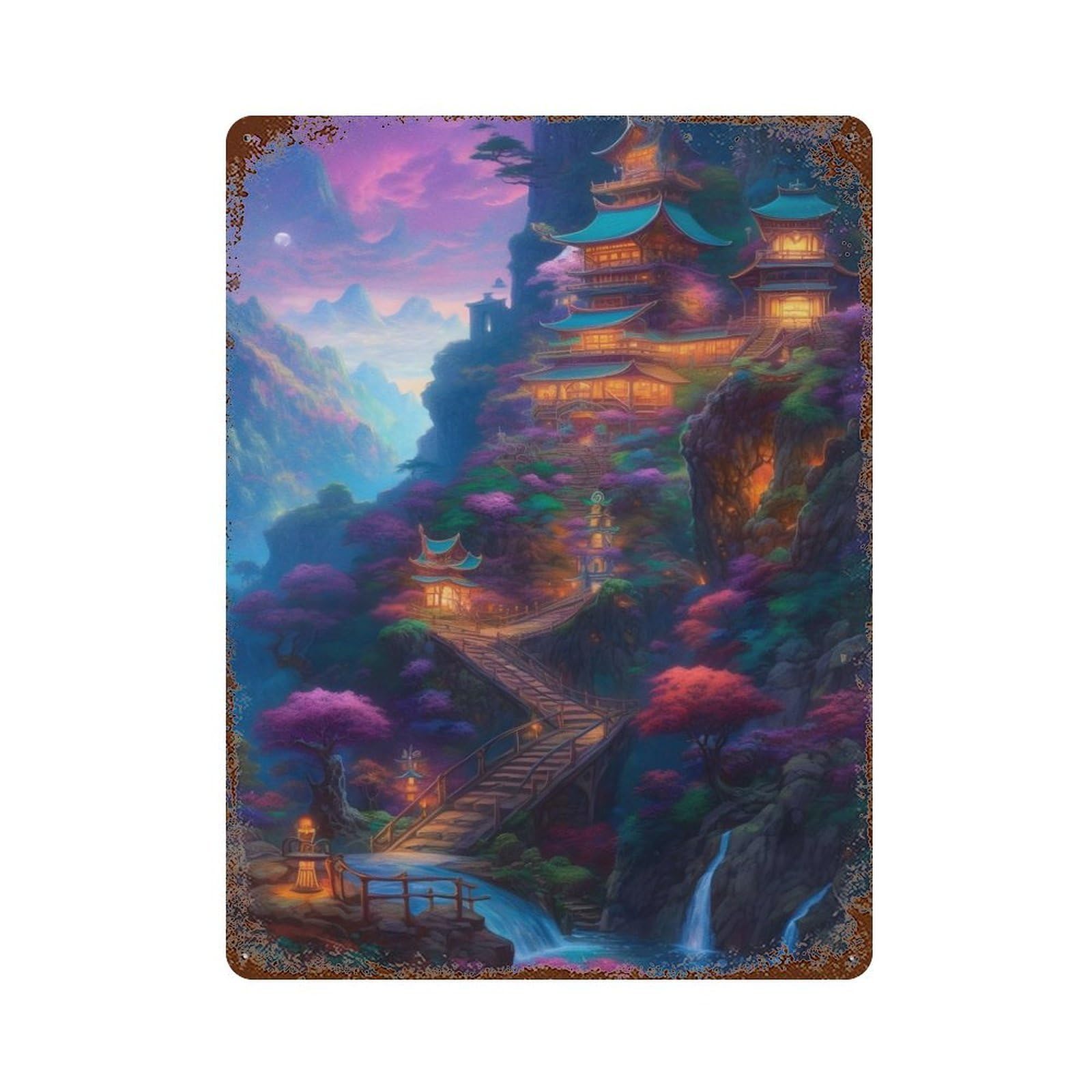 Aged Metal Wall Plaque with Fantasy Landscape 3 Design 15.7"x11.8", for Basement, Hobby Room And Garage Decor, Farmhouse Wall Decor