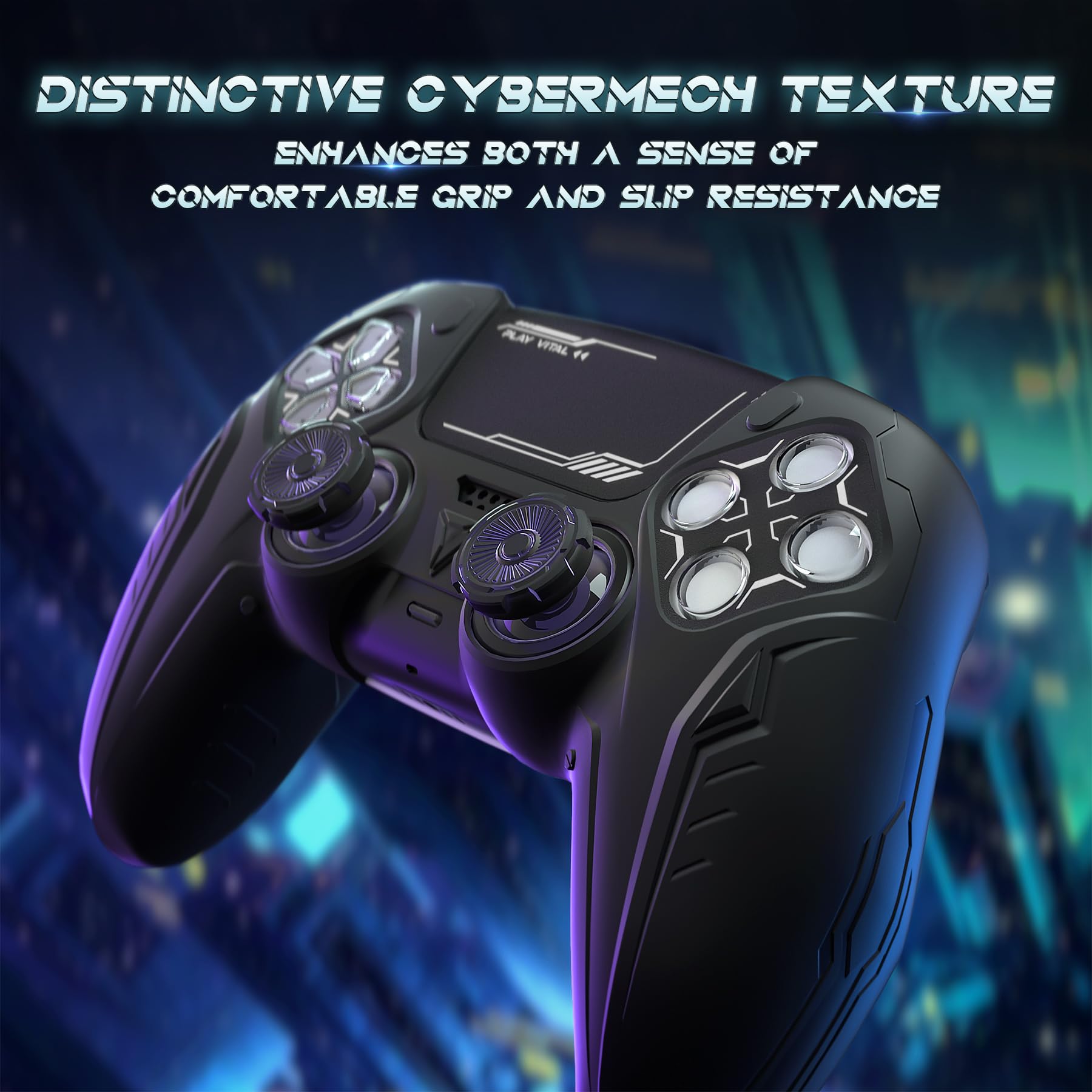 PlayVital Cover Silicone per ps5 Controller,Joystick Custodia Protettiva Antiscivolo&Copri Analogici&Adesivo Touchpad,Compatibile con Base di Ricarica,CyberMech-Nero