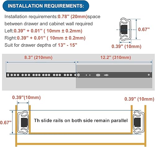 Miniatura 6 de 12 guías de cajón con rodamientos de bolas de 12 pulgadas 12.205 in, 2 rieles de metal plegables, riel deslizante bidireccional con tornillos de