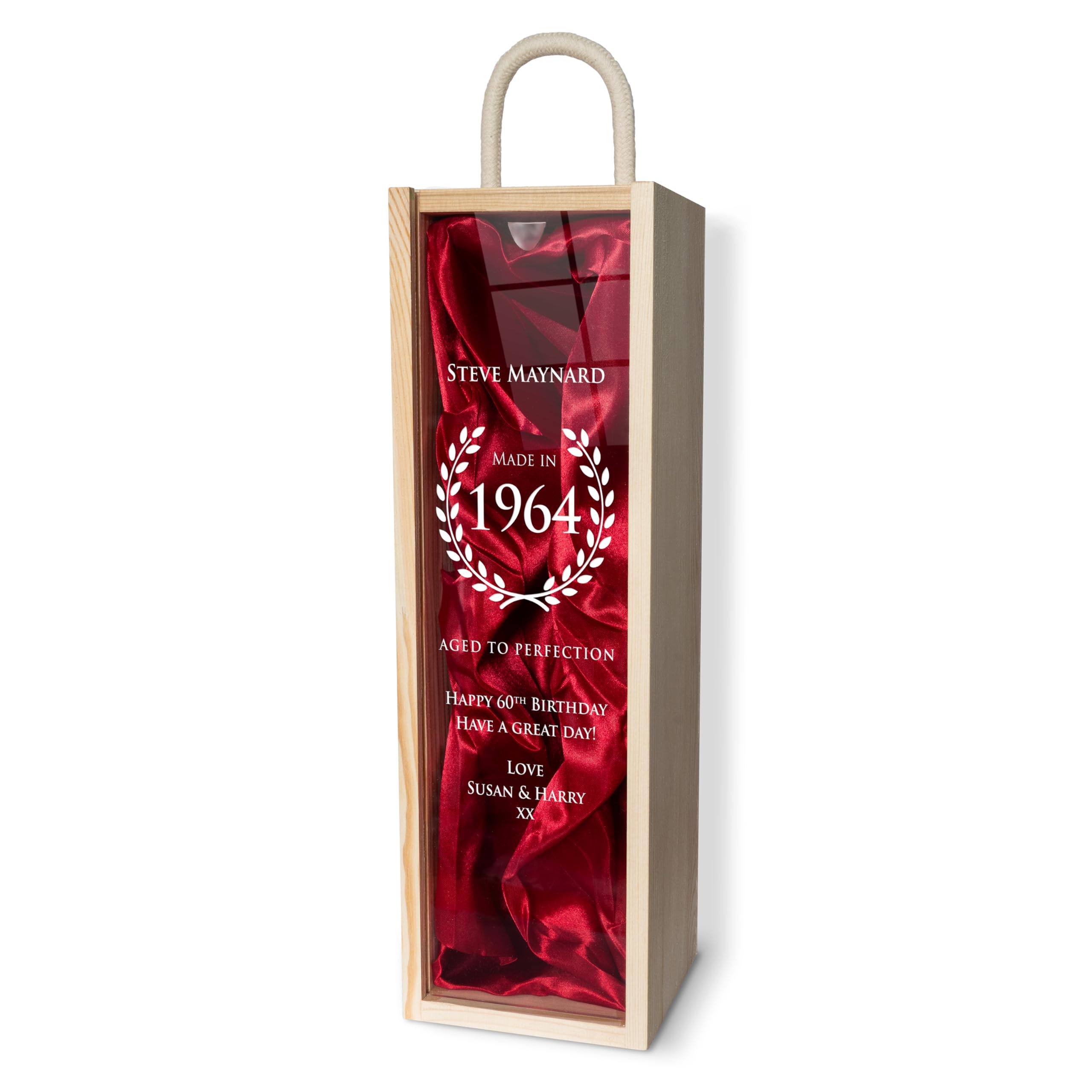 iCaseDesigner Engraved Personalised Wooden Wine Box with Acrylic Slide Lid & Red Silk Lining - Aged To Perfection