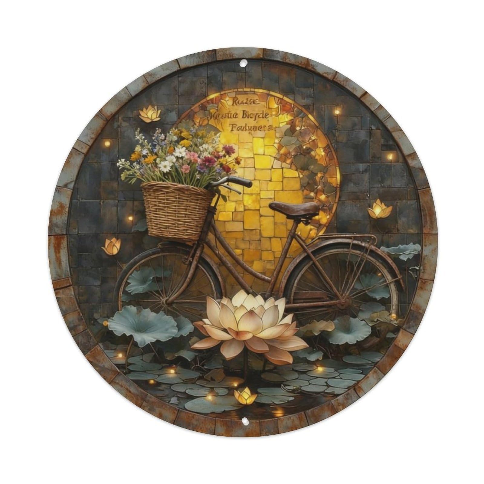 Rustic Bicycle Wicker Basket Flowers Metal Tin Sign Plaque