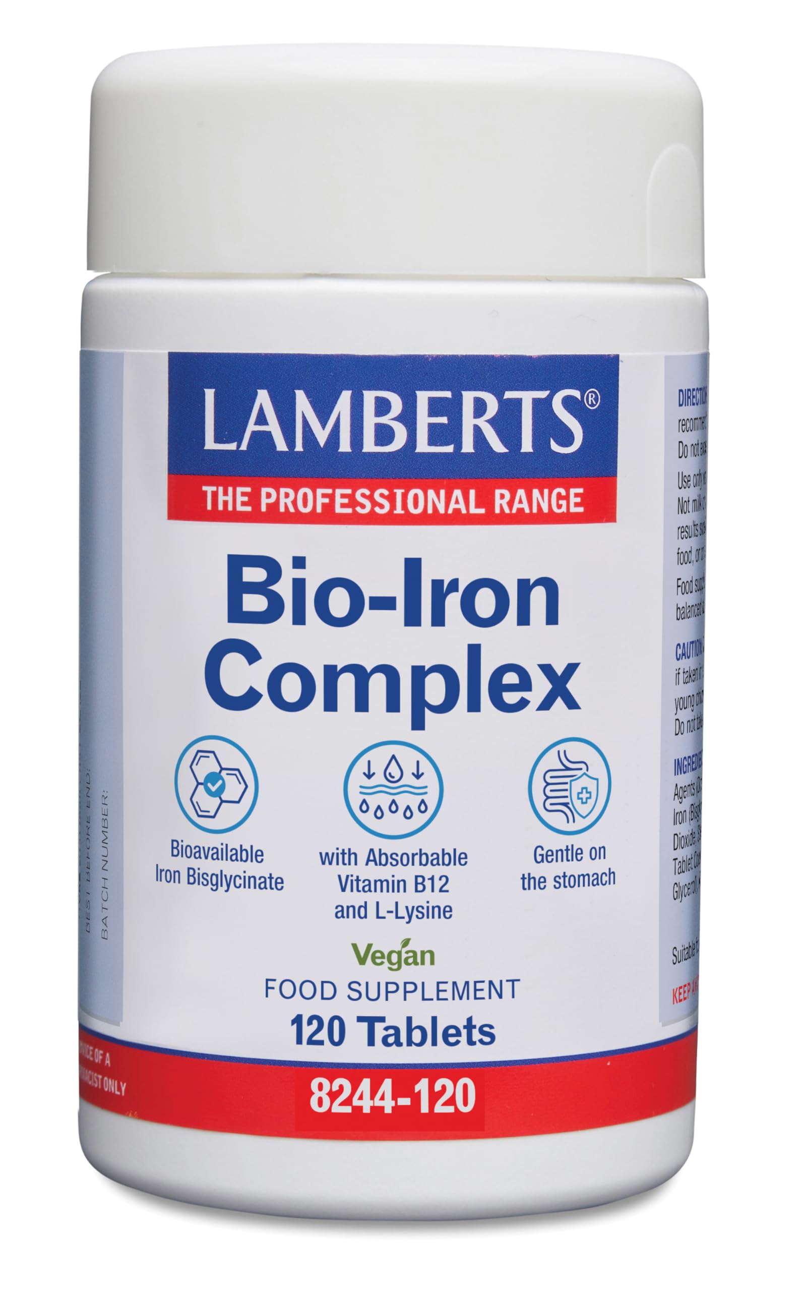 Lamberts Bio-Iron Complex | 120 Tabletas | Apto para Veganos | Sin Gluten | Hierro Bisglicinato 20 mg | B12 Metilcobalamina 250 µg | L-Lisina 1000 mg | Suave Estómago | Calidad Farmacéutica GMP