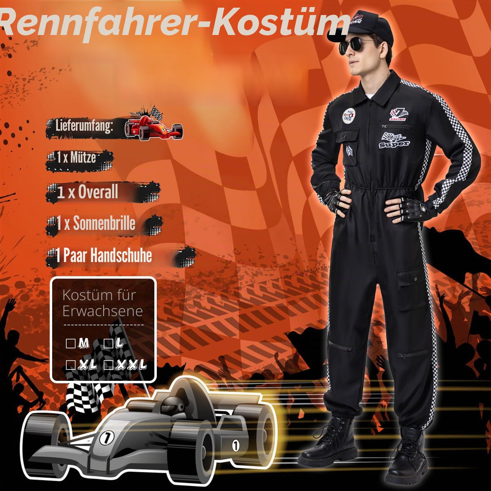 BuzzoXerex Rennfahrer Kostüm Herren, Rennfahrer Anzug Herren mit Hüte, Sonnenbrille, Handschuhe Sonnenbrille Rennfahrer Kostüm Overall Jumpsuit für Karneval, Party, Cosplay (Schwarz, 2XL)