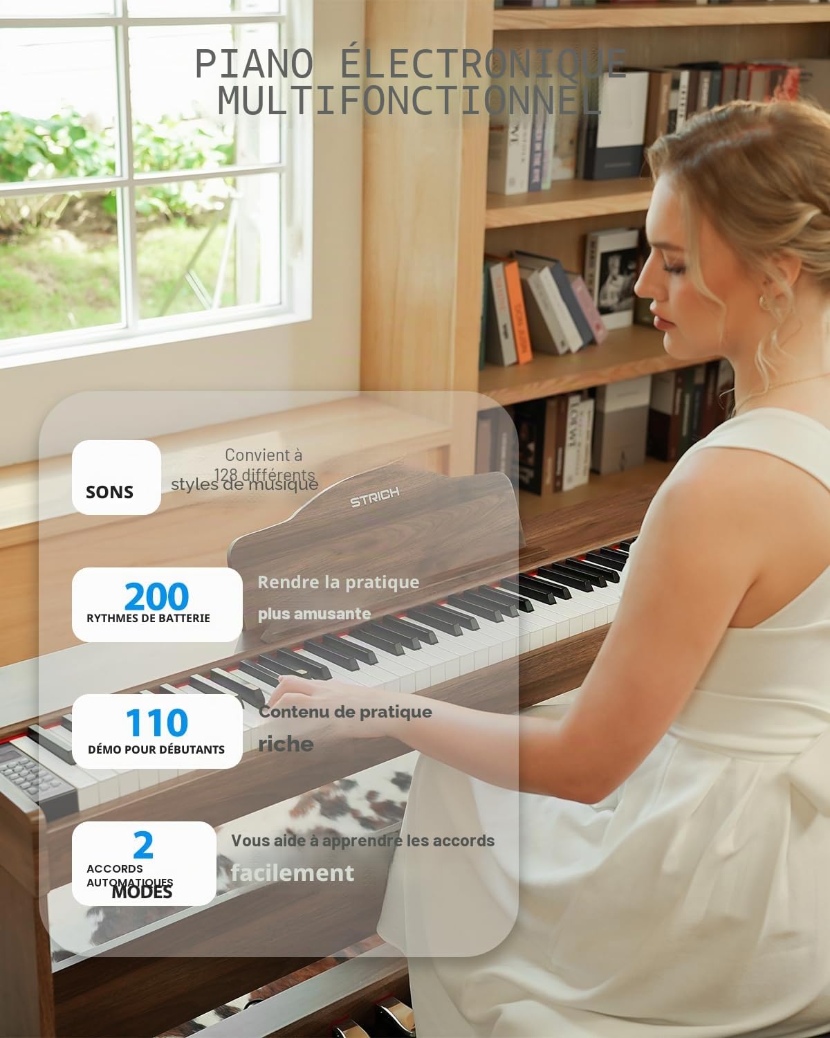 STRICH Piano numérique 88 touches, clavier lesté à action marteau, clavier de piano électrique pleine taille avec support pour meubles, 2 haut-parleurs 25 W x 2, prend en charge la connexion USB-MIDI