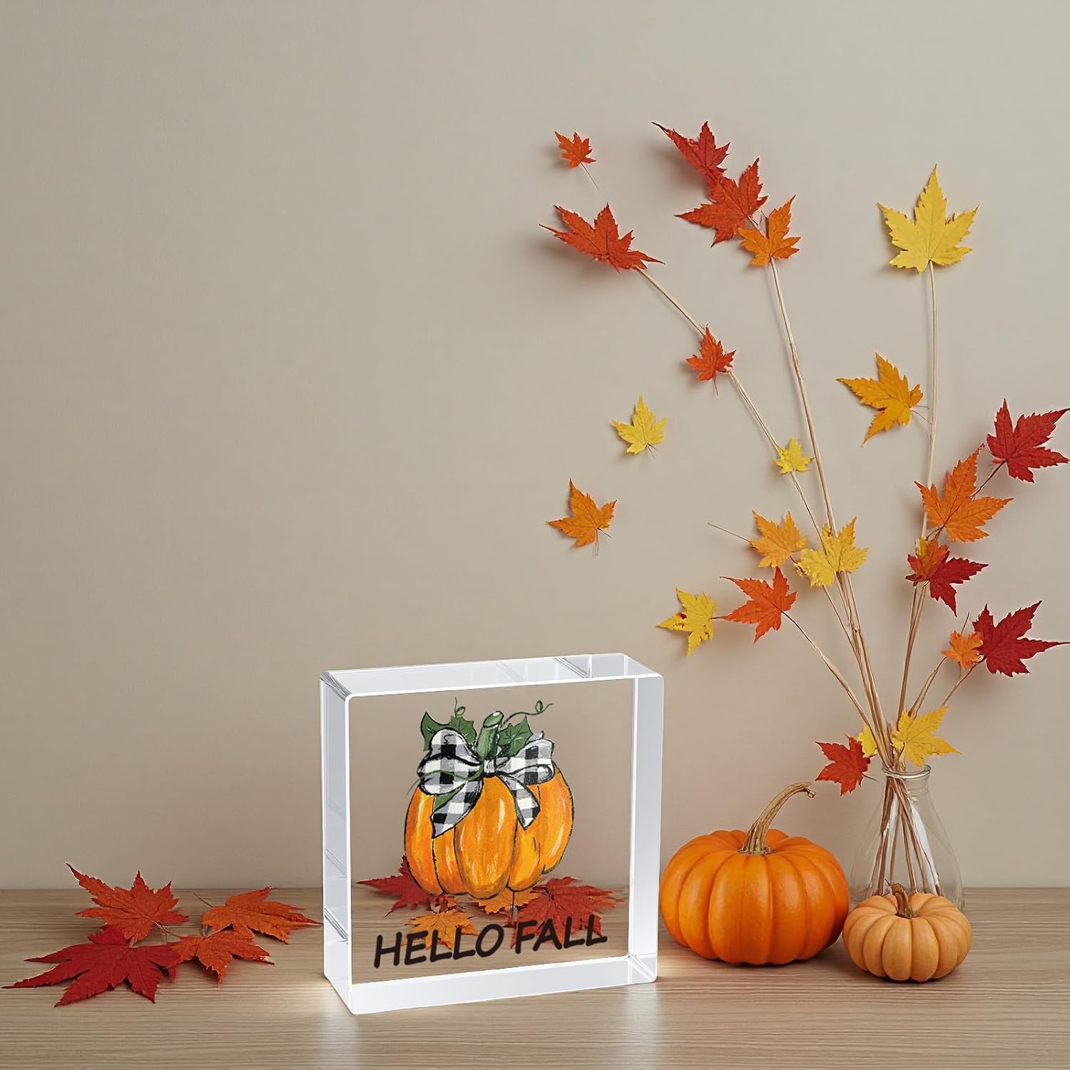 Fall Decorations for Home Fall Decor Home Room Pumpkin Buffalo Plaid Acrylic Table Sign Rustic Shelf Desk Office Decor Season Sign House Warming Gifts 4.5 x 4.5 Inch