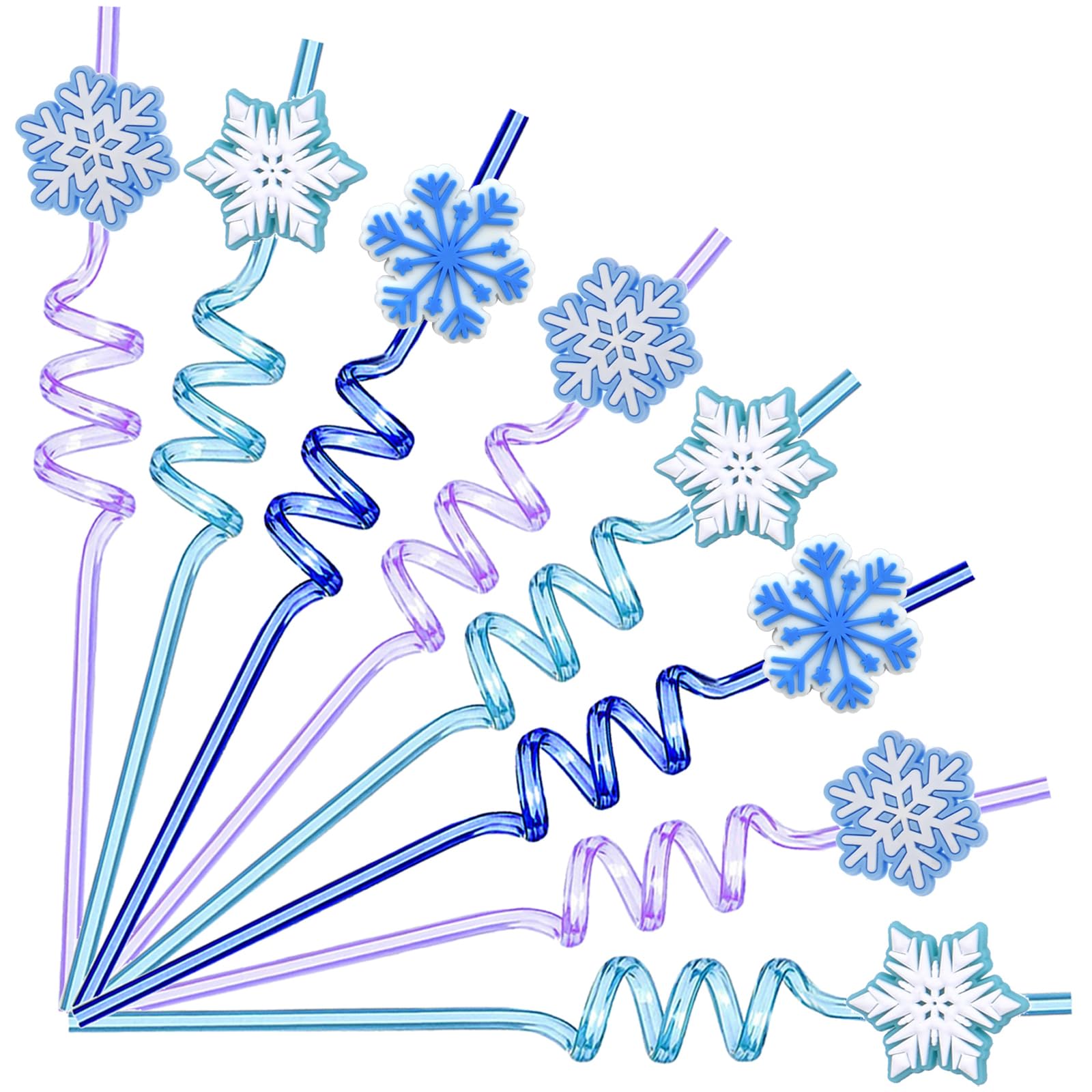 BSTIONYI 24 Pack Reusable Snowflake Straws for Party Favors, Crazy Plastic Drinking Straw for Birthday Party Decorations Supplies with 2 Cleaning Brushes (Blue)