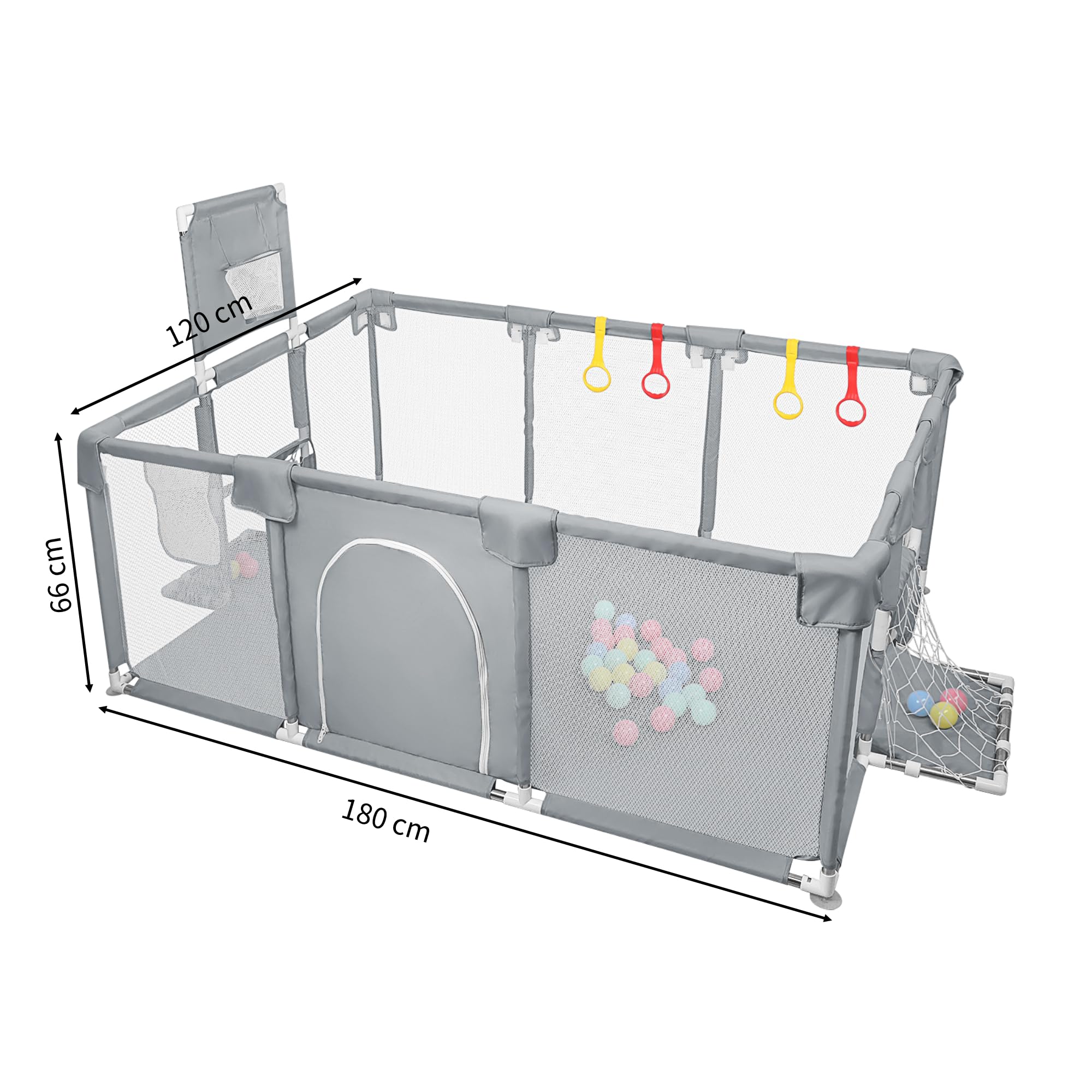 Oxford Fabric Baby Park, centrum aktywności dla dzieci z bramkami i 50 małymi piłkami, kosz na piłki, 4 pierścienie zabezpieczające, 8 przyssawek, park zabaw (szary A 180 x 120 x 66 cm)
