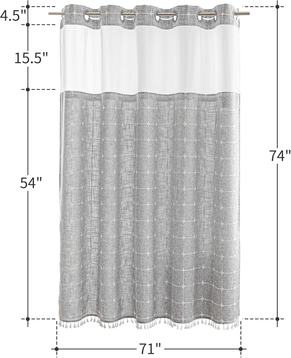 Farmhouse Shower Curtain with Snap-in Liner, No Hooks Needed Fabric Shower Curtains with Tassels for Rustic Bathroom Decor, with Window,with Magnets,Water Repellent&Machine Washable,Grey,71x74Inch