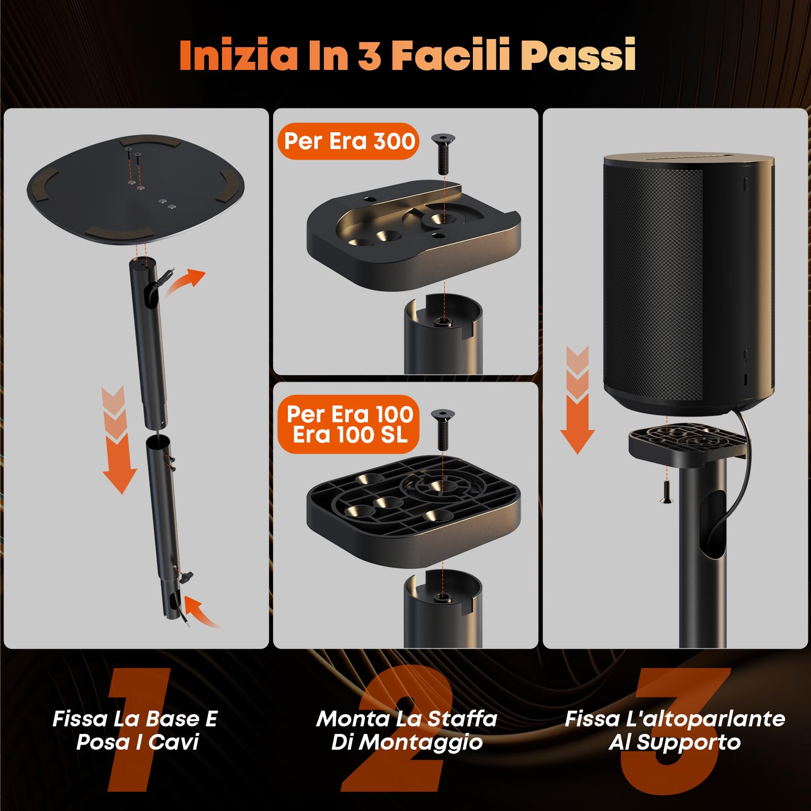 Supporti per altoparlanti Sonos Era 100 SL, Era 100 e Era 300 - Altezza regolabile, Supporti da pavimento 74–99 cm, Capacità massima di 5 kg per supporto, 1 coppia, Nero