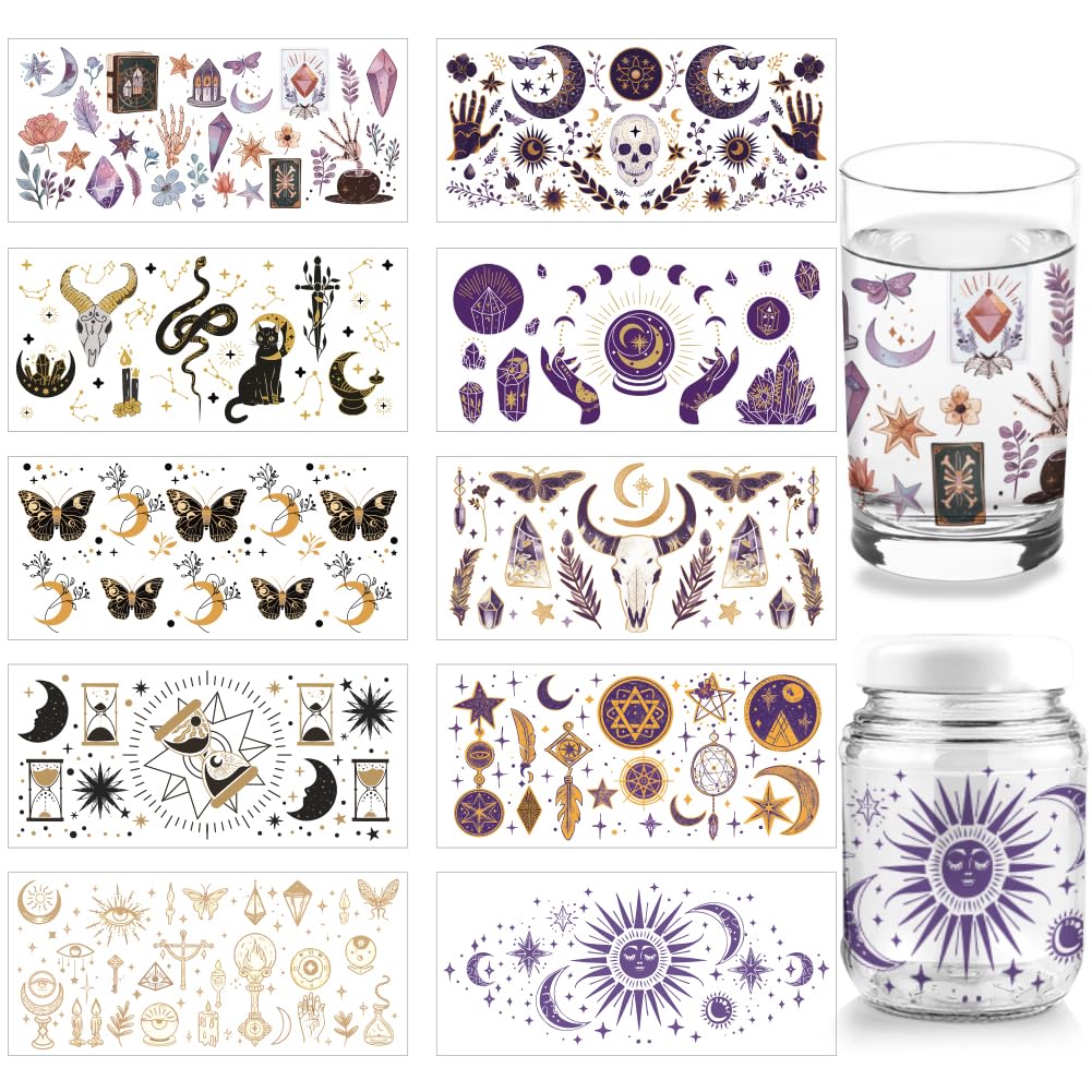 arricraft 10 Sheets Divination UV DTF Cup Wrap for 16OZ Glass, Moons Sun Skull Butterfly Rub on Decals PVC Transfer Stickers for DIY Cups Wood