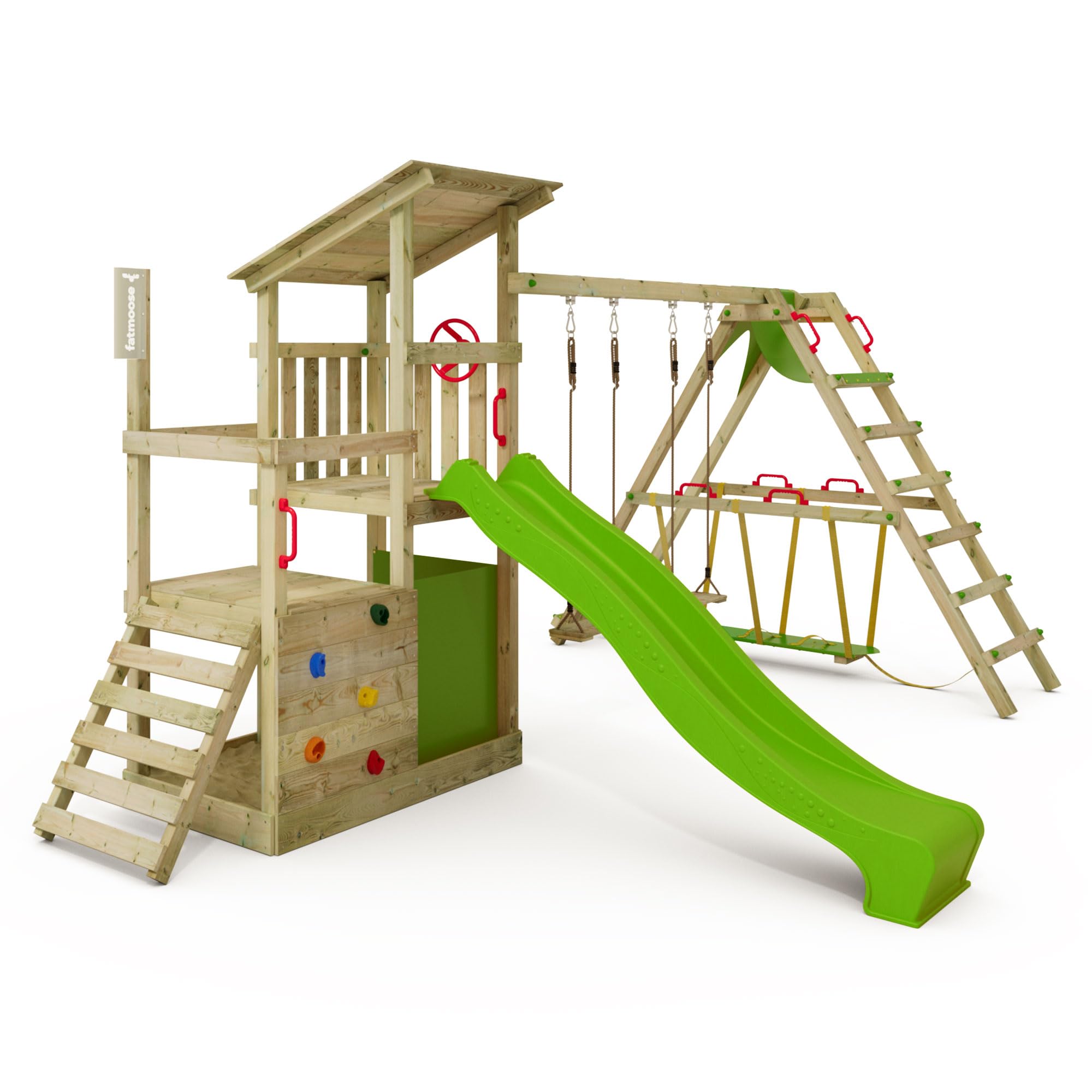 Gioco da giardino FATMOOSE FruityForest Fun XXL con ampliamento surf, altalena e scivolo verde mela, struttura da esterno per bambini con sabbiera, scaletta e accessori per il gioco