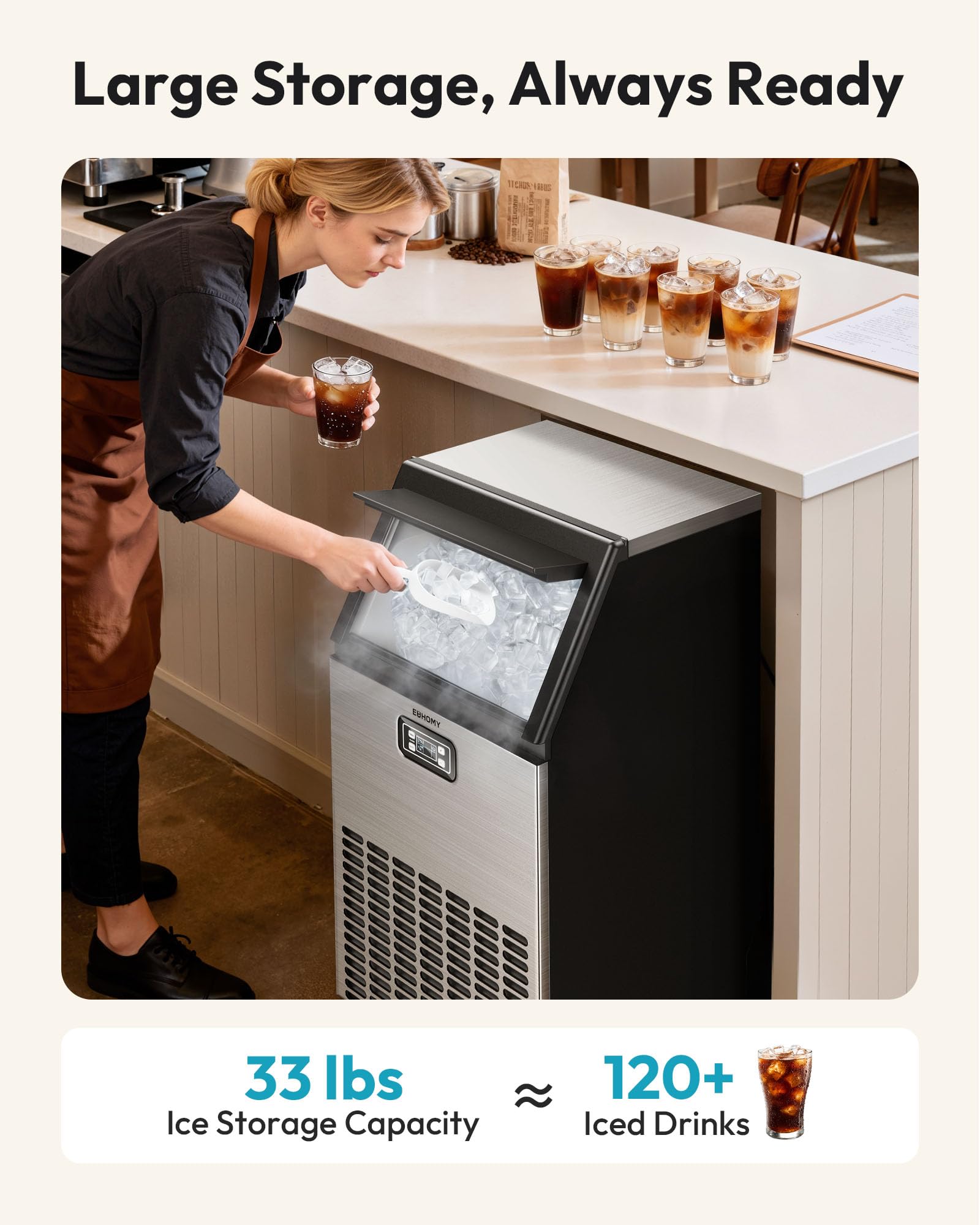 EUHOMY Commercial Ice Maker Machine - 100lbs Daily Production 33lbs Ice Storage Stainless Steel Freestanding & Under Counter Ice Maker Ideal Ice Maker for HomeBarRestaurantOutdoor Activities product thumbnail 4