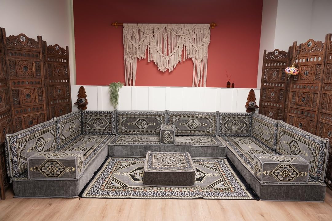 Arabic Floor Seating Handmade U-Shaped Majlis Set Bohemian Style Sofa