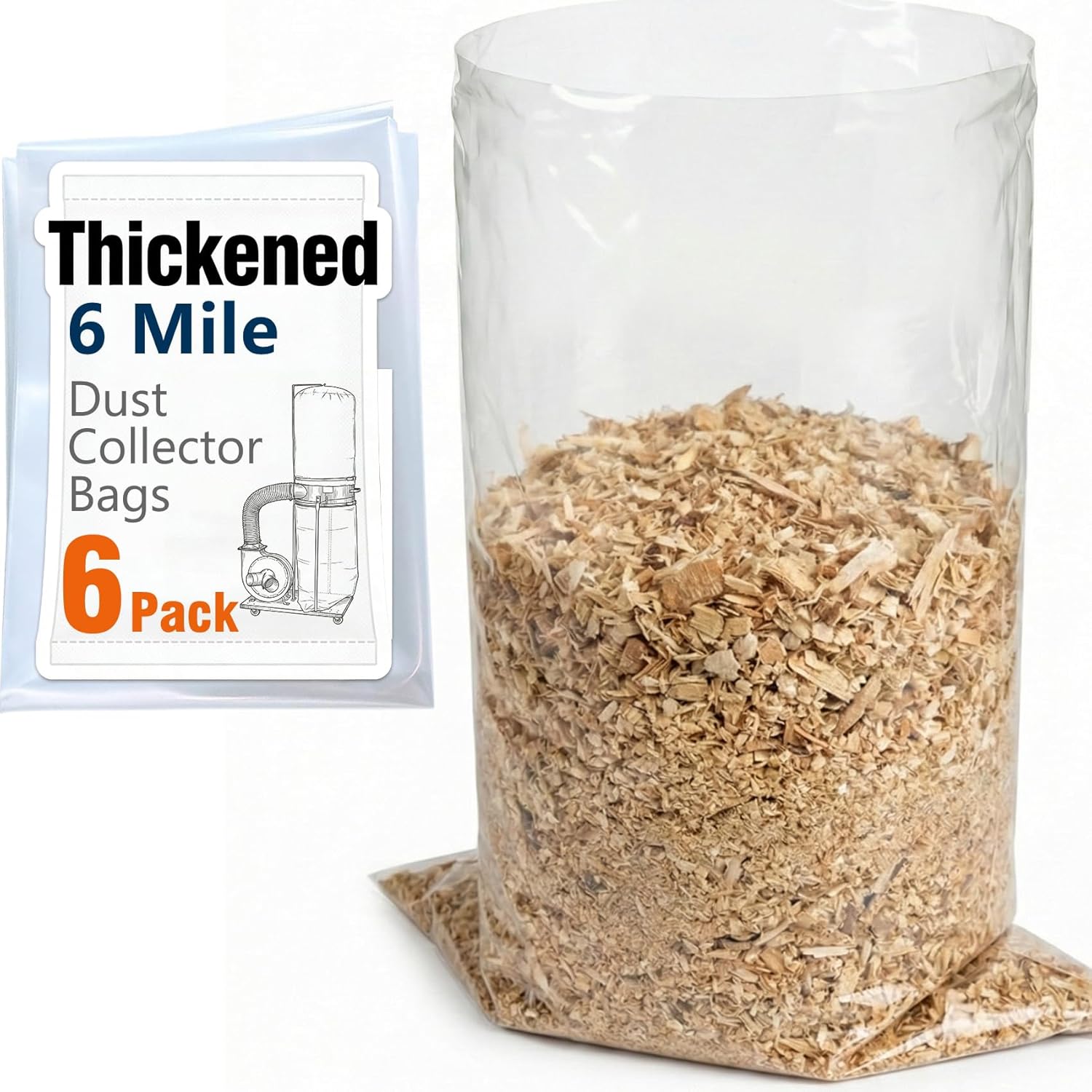 709563 Thickened Dust Collector Bags 31"x43" (19.5" Dia) - 6 Mil Clear Plastic Woodworking Dust Collection Bag for JET, Grizzly, Harbor Freight Central Machinery Dust Collectors(6 Pack)