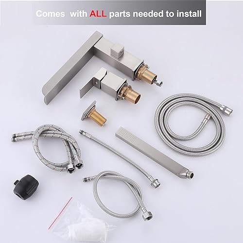 Vista 29 de Grifo de bañera romana en cascada con ducha de mano, grifo de bañera negro mate, 3 agujeros, relleno de bañera generalizado, montaje en cubierta