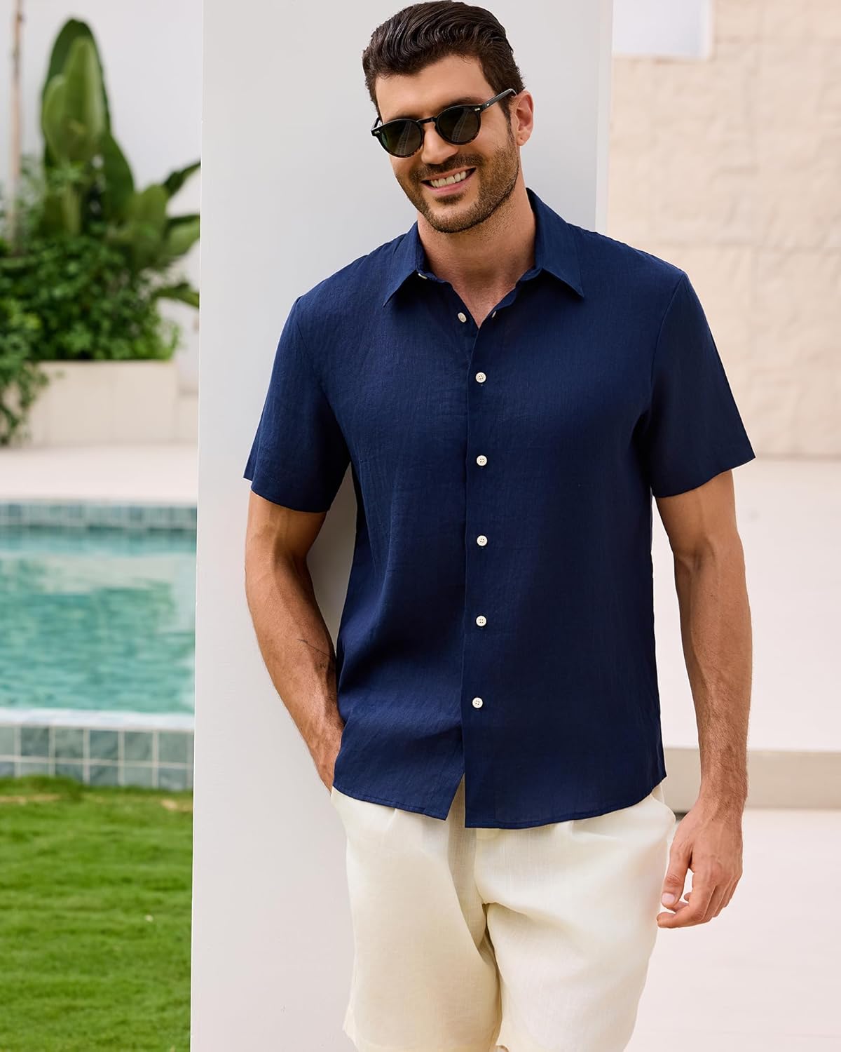 Kallspin Men's 100% Linen Button Down Shirts Casual Short Sleeve Tops Collared Summer Beach Shirts - Image 5