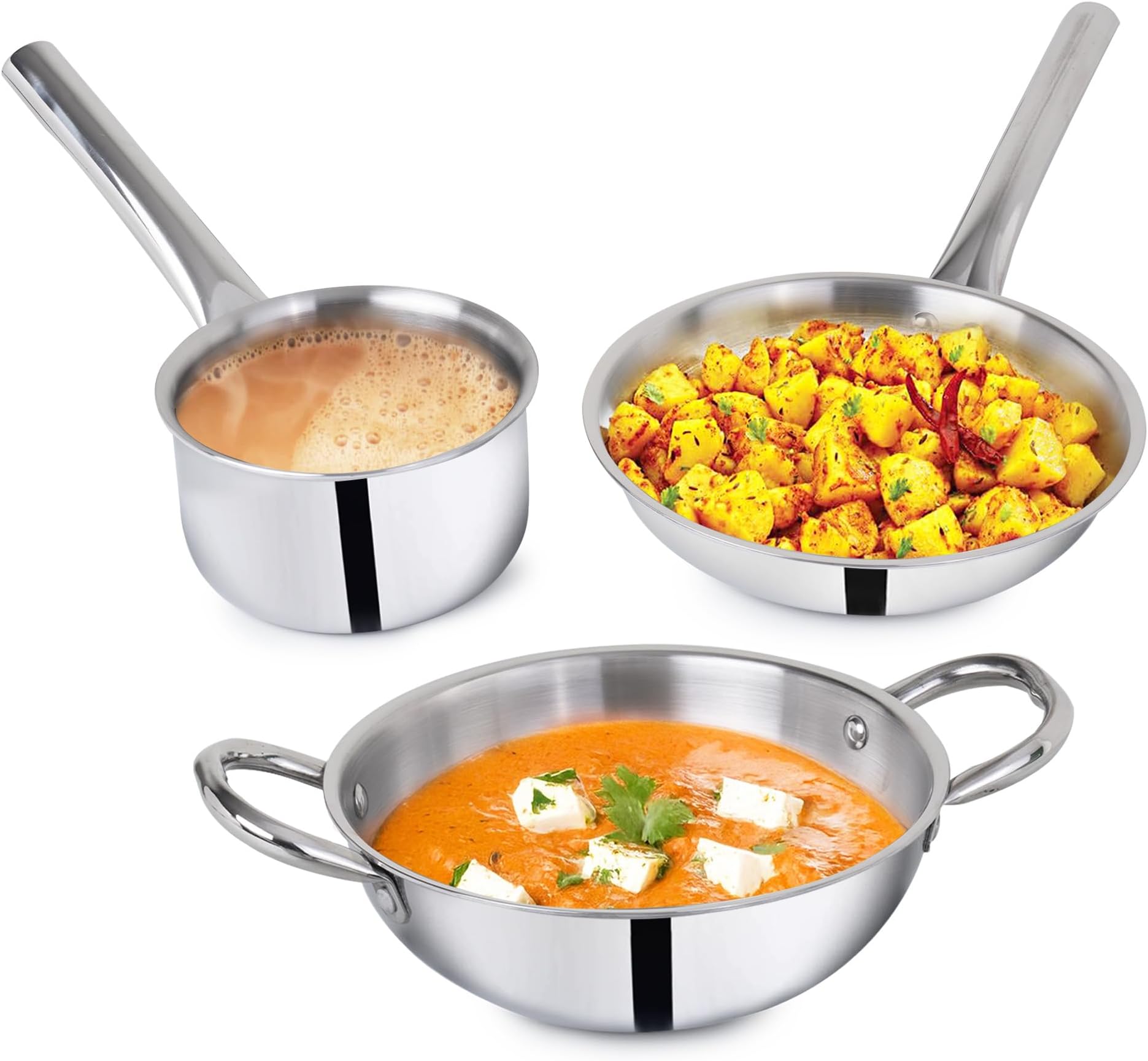 The Indus Valley Triply Stainless Steel Cookware Set | Kadai (22 Cm/2.2L)+ Fry Pan (22 Cm/1.4L) + Sauce Pan (14Cm/1.2L) | Kitchen Cooking Combo Pots & Pans Set Of 3Pcs | Naturally Nonstick,Silver