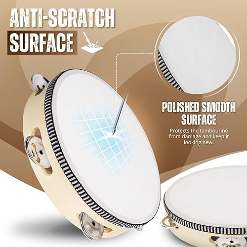 Miniatura 64 de Flexzion Pandereta redonda de madera para niños y adultos de 10 pulgadas de una sola fila, 8 pares de jingles, instrumento de percusión de mano rojo