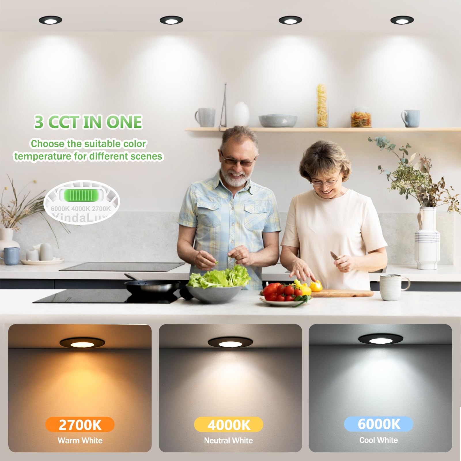YindaLux Reflektor LED wpuszczany 7 W 700 lm IP65 reflektor łazienkowy, ciepła biel 2700 K, neutralna biel 4000 K, zimna biel 6000 K, regulowana, otwór Φ60-75 mm, AC220-240 V, zestaw 10 sztuk, czarny