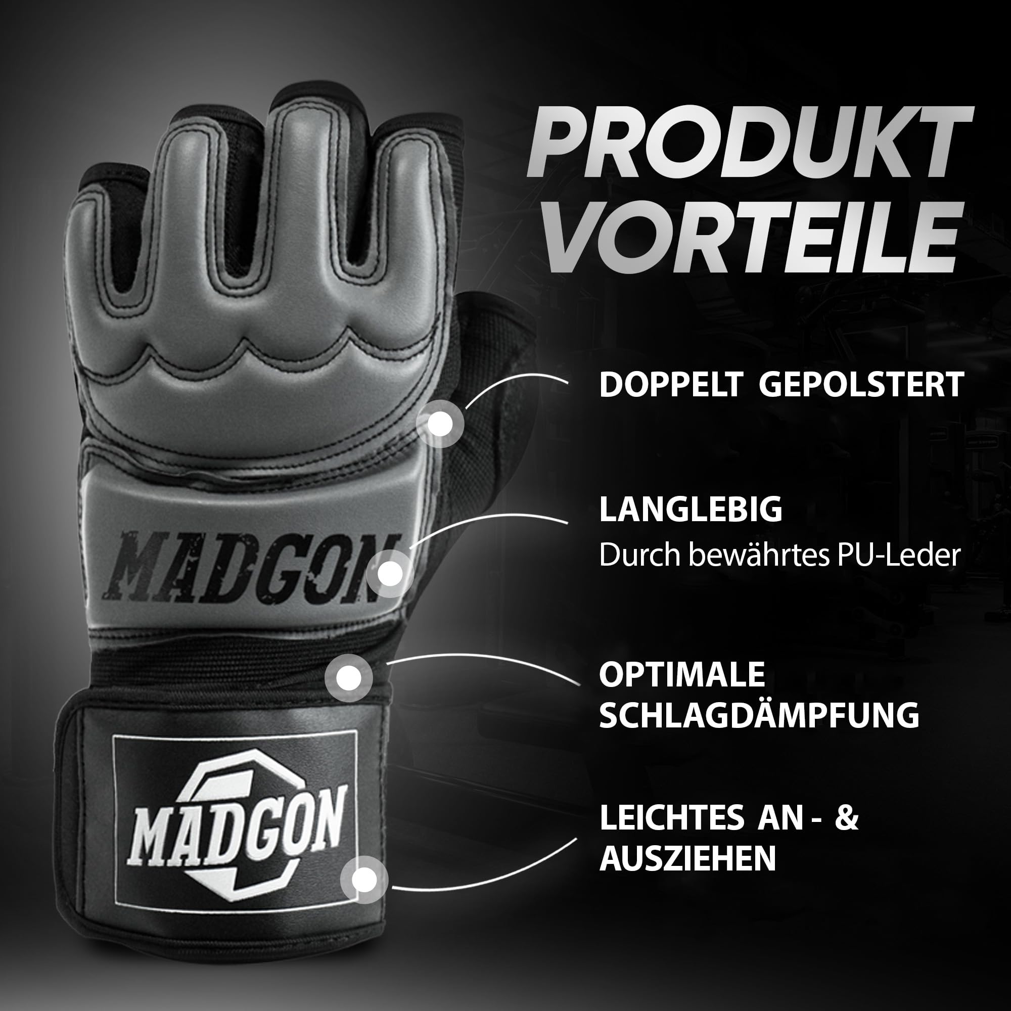 MADGON Rękawice MMA Profi – profesjonalna jakość – wysoka jakość – boks, trening, worek z piaskiem, worek bokserski, freefight, grappling, sztuki walki – rękawice bokserskie