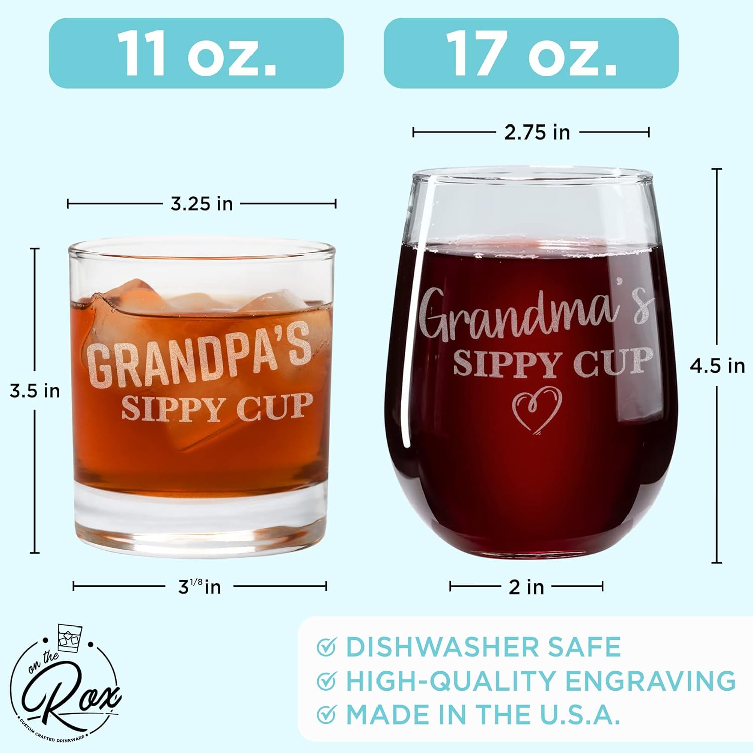 On The Rox Drinks Grandma and Grandpa Gifts - 17oz Grandma's and 11oz Grandpa's Sippy Cups, Set of 2- Gift Wine and Whiskey Glasses - Gift Ideas for First-Time Grandmother or New Grandparents - Image 2