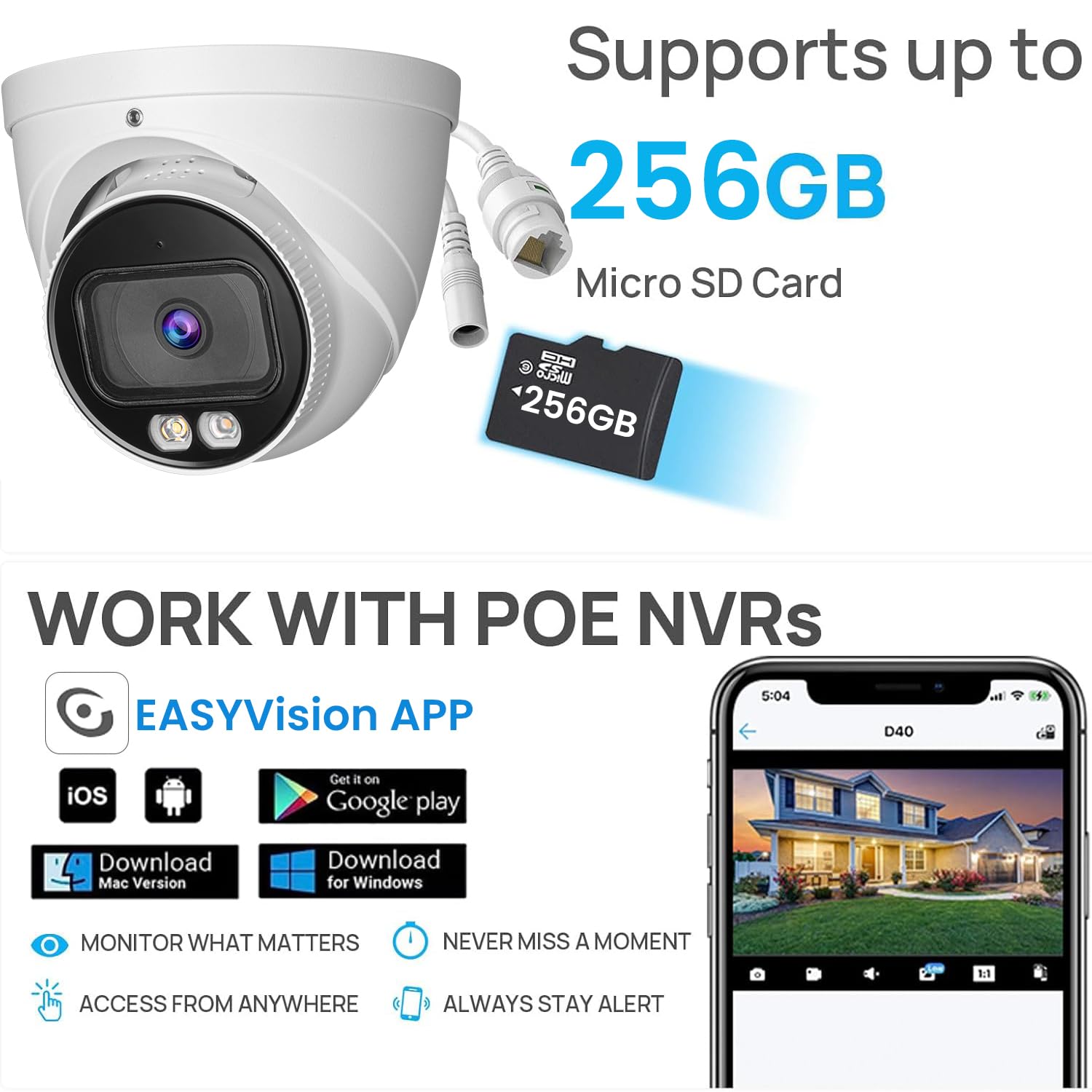 Cámara de seguridad IP POE de 5 MP con detección de humanos/vehículos IA, IP67 resistente a la intemperie, visión nocturna inteligente de doble luz, cámara domo para interiores y exteriores