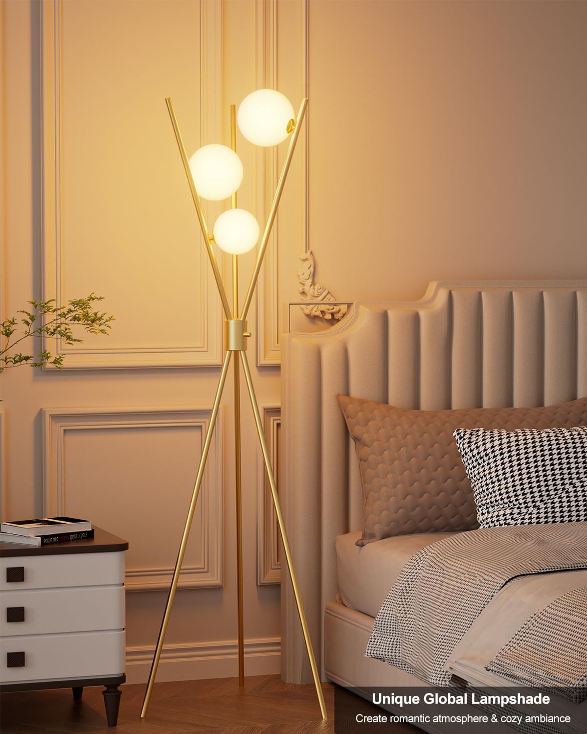 Lightdot Tripod Floor Lamp Stepless Dimmable Globe Modern Floor Lamp Gold Standing Lamps with Stable Base& 3PCS 3000K Bulbs Included Mid Century Floor Lamps for Living Room/Sofa Beside/Corner Decor