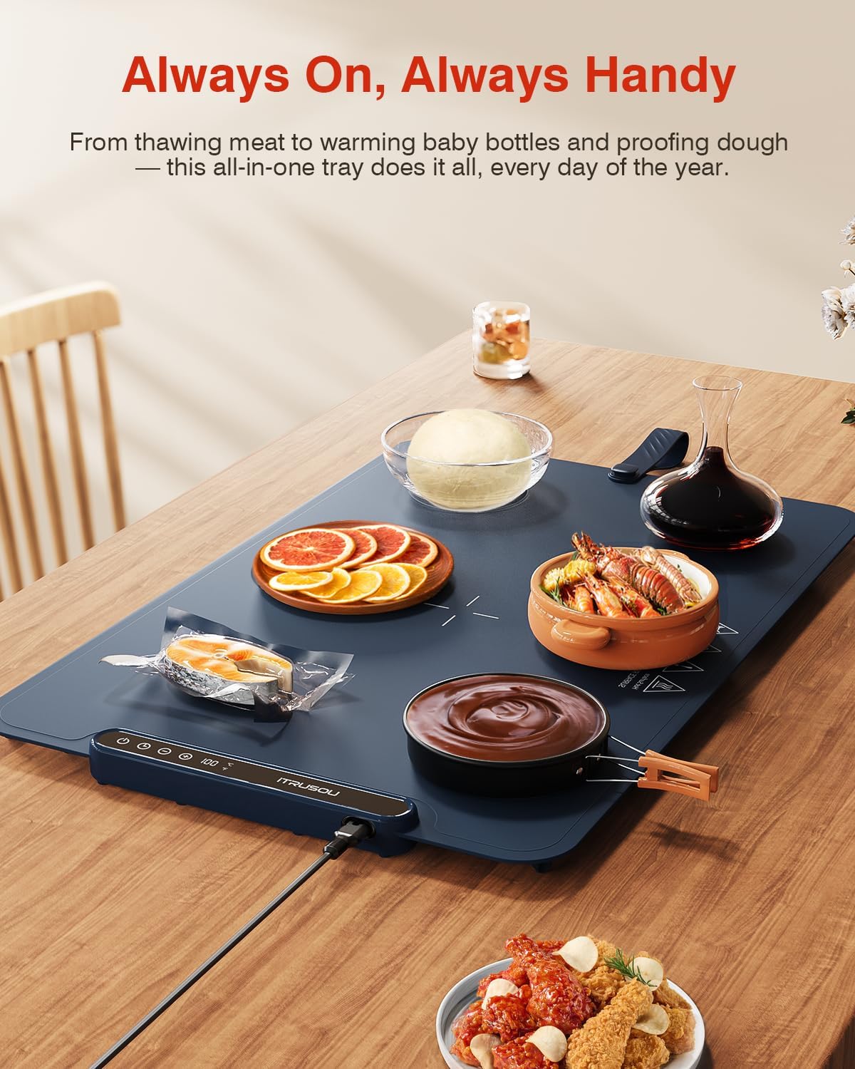 Warming Mat for Food, iTRUSOU Electric Warming Tray 99H Continuous Heat,7 Temp Settings,Patented Full-Surface Heating,°F/°C Switch,Flexible Roll-Up Food Warmers for Parties Buffet,Everyday Use