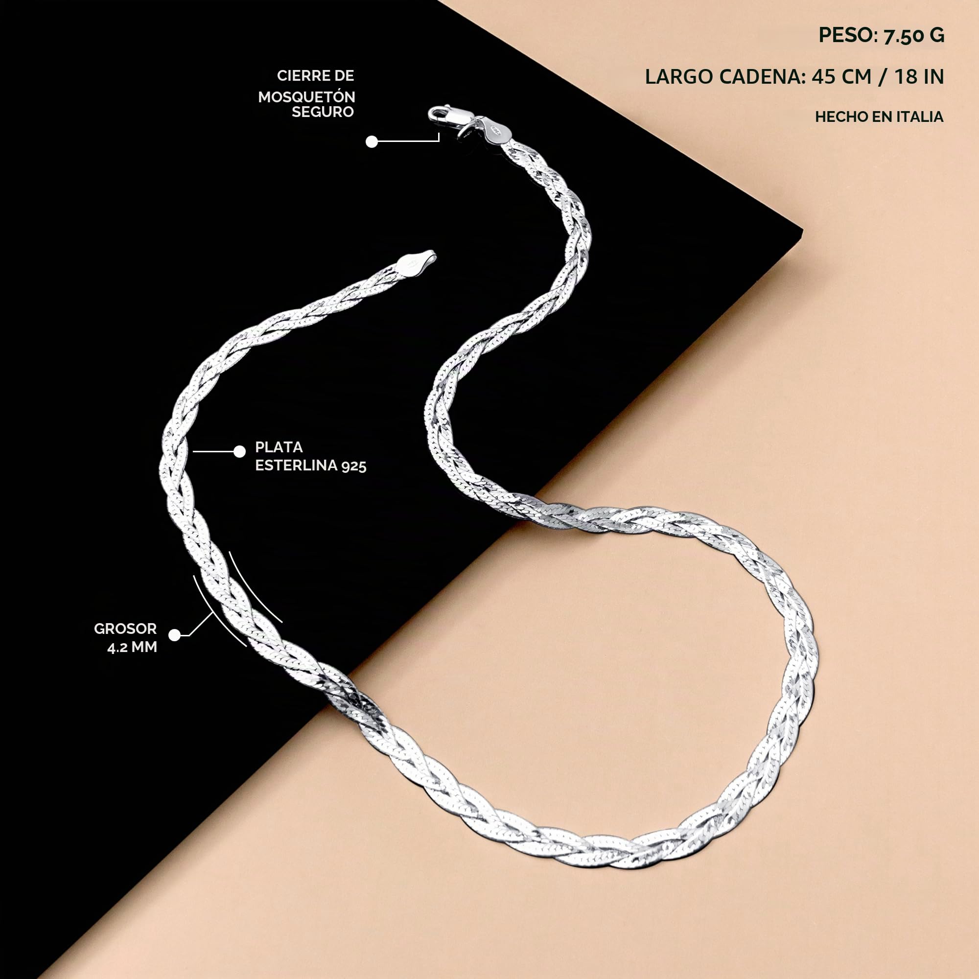 Amberta Collar para Mujer en Plata de Ley 925 Eslabon Herringbone 4.2 mm Longitud 45 cm