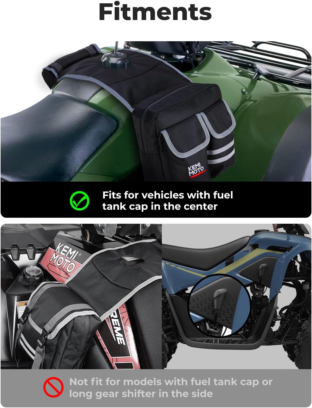 Diagram showing compatible and incompatible ATV tank configurations for the KEMIMOTO bag
