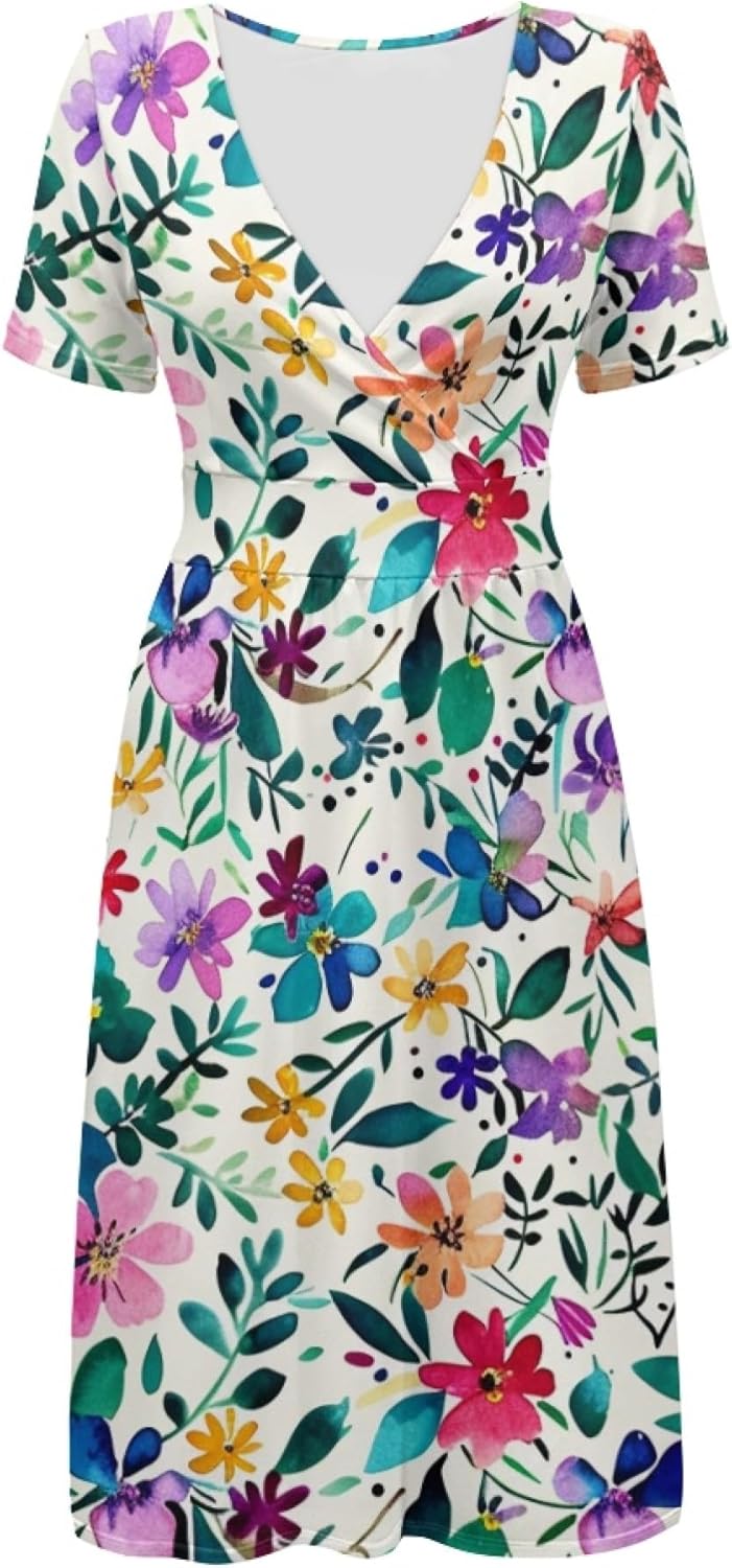 Easter Dress for Women 2025 Floral Print Short Sleeve V Neck A Line Empire Waist Casual Fashion Mini Dress - Image 3