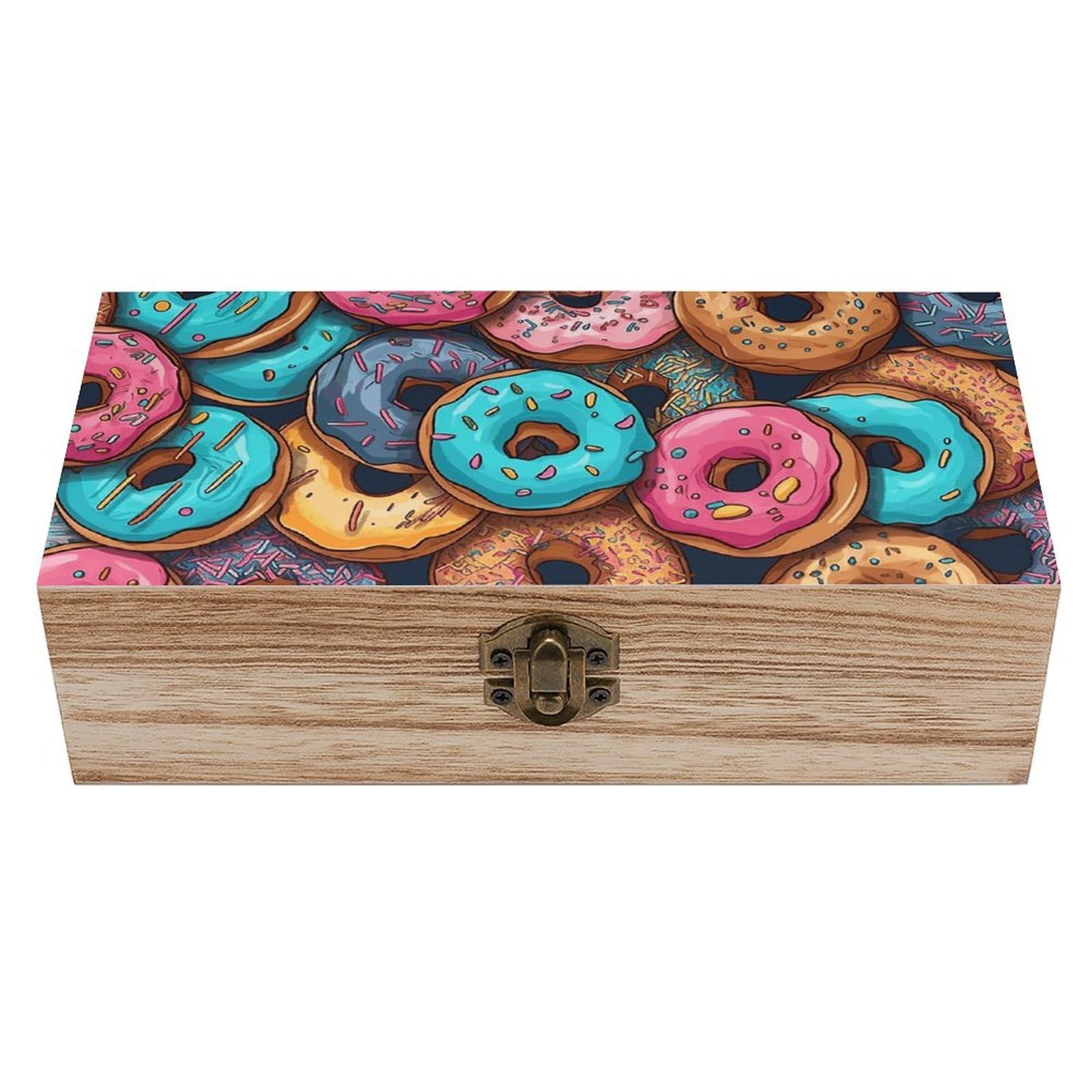 KLOPH Wooden Storage Box Donut Pattern Wood Gift Box with Hinged Lid Vintage Decorative Jewelry Boxes Memory Box for Jewelry Art Hobbies Home Storage Treasure Keepsake Gift 7.9''x3.9''x2.3''