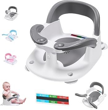 babove Baby Bath seat for Babies 6 Months & up with Thermometer Sticker, one-Touch Button for Easy armrest Opening, Baby sit up Bath Chair Gray