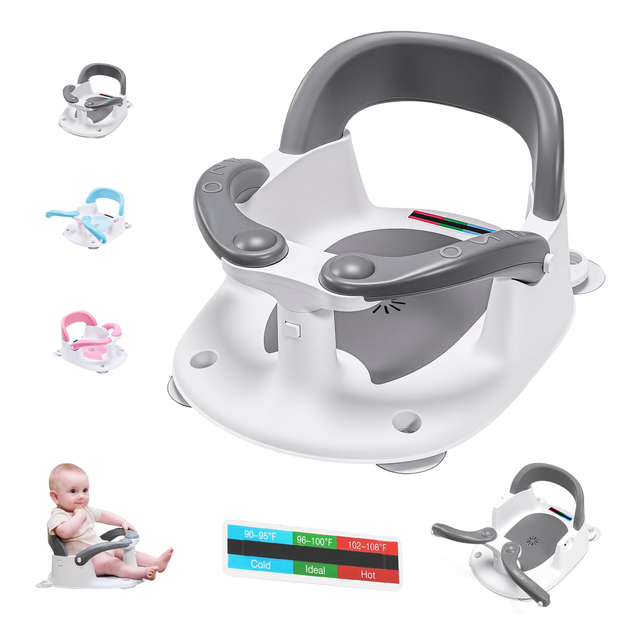 babove Siège de bain pour bébés de 6 mois et plus avec thermomètre autocollant, bouton One-Touch pour une ouverture facile de l'accoudoir, chaise de bain pour bébé (gris)