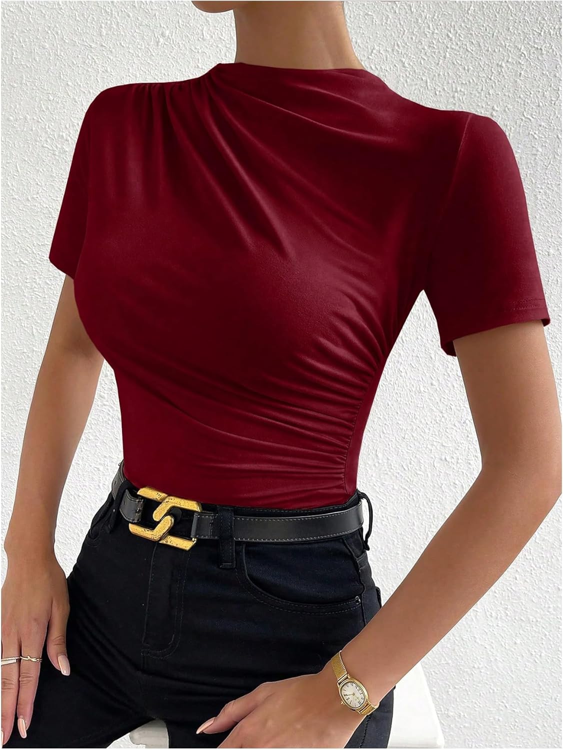 Milumia Women's Casual Ruched Mock Neck T Shirt Short Sleeve Tee Bodysuit Jumpsuit - Image 5