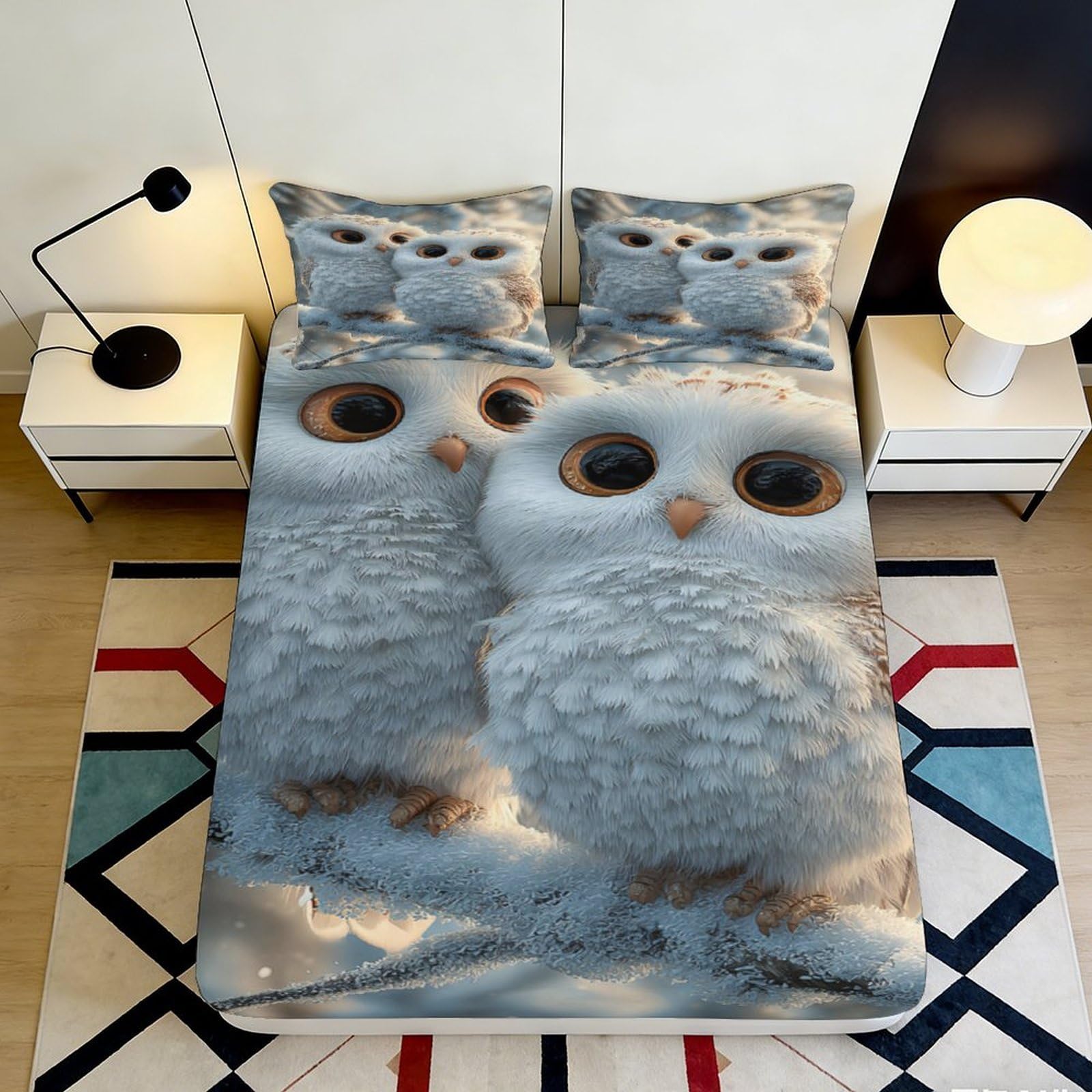 3D Printed Snowy Owl Fitted Sheet Microfiber Soft Breathable Forest Owl Mattress Cover for Bedroom Dorm Mattress Decoration 90x200x25cm