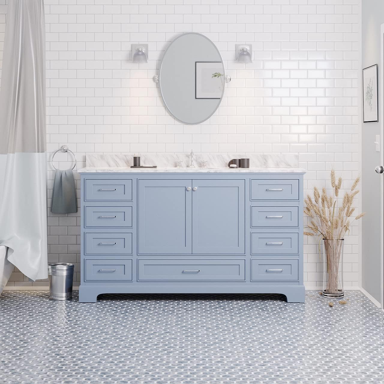 Kitchen Bath Collection Harper 60-inch Single Bathroom Vanity (Carrara/Powder Blue): Includes Powder Blue Cabinet with Authentic Italian Carrara Marble Countertop and White Ceramic Sink