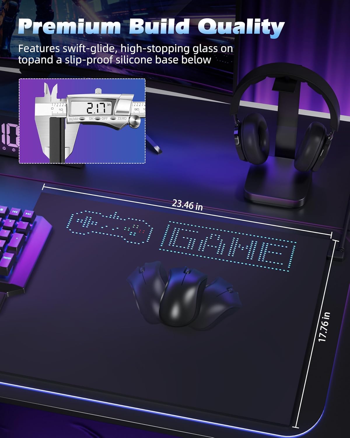 Smart LED Glass Mouse Pad with App Control, Pixel Display RGB Gaming Mousepad, Custom Pixel Animation Desk Mat, Tempered Glass Surface, 23.46 × 17.76 inch, for Gamers & Streamers(L,Black)