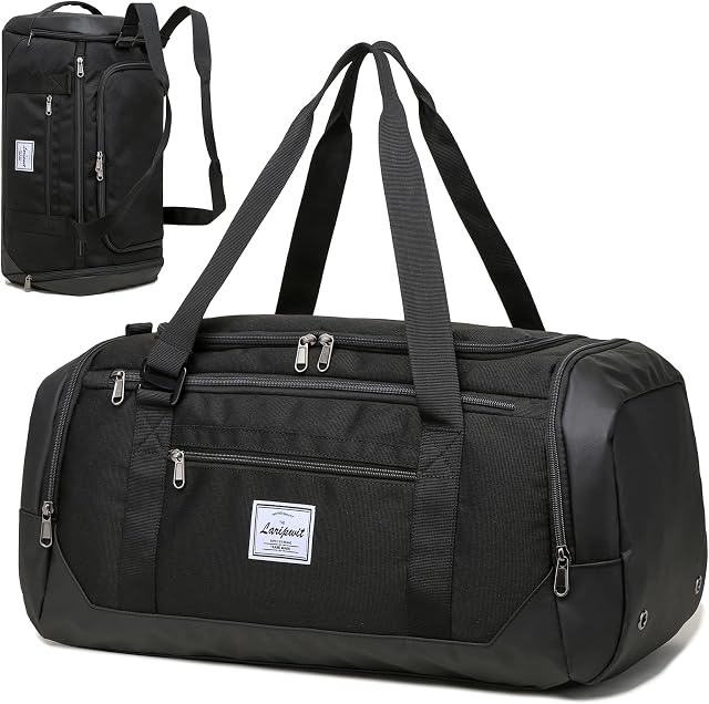 Laripwit Sac à bandoulière pour hommes 40L Sac de gymnastique avec poche humide & Sac à dos de nuit pour les femmes, Noir