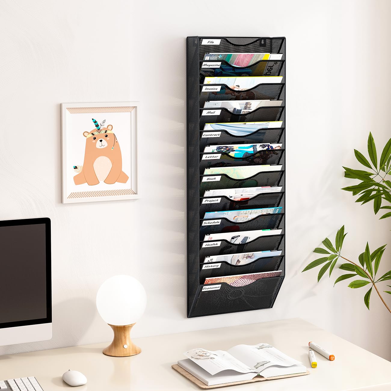 12 Fächern Hohe Kapazität Document Wand Organizer Hängend.Hohe Qualität Metall Zeitschriftenhalter Wand für Büro/Studium/Zuhause,Schwarz