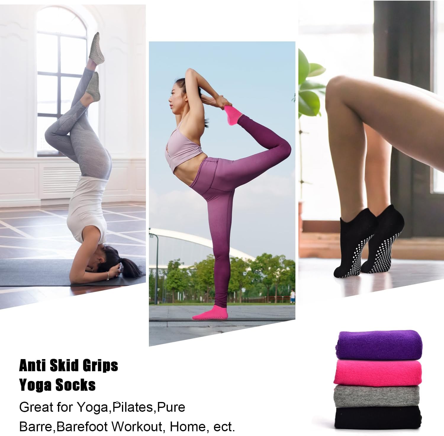 SkiBeaut Pilates Grips Women Socks, 4 Pairs Non Slip Yoga Ballet Dance Sticky Hospital Home Socks with Grippers for Woman - Image 2